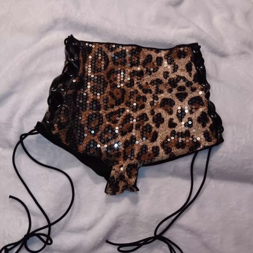 Leopard Sequin Athletic Shorts - Black Trim